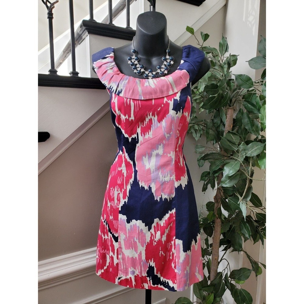 LILLY PULITZER Women Blue & Pink Ruffle Boat Neck Sleeveless Knee Length Dress 2